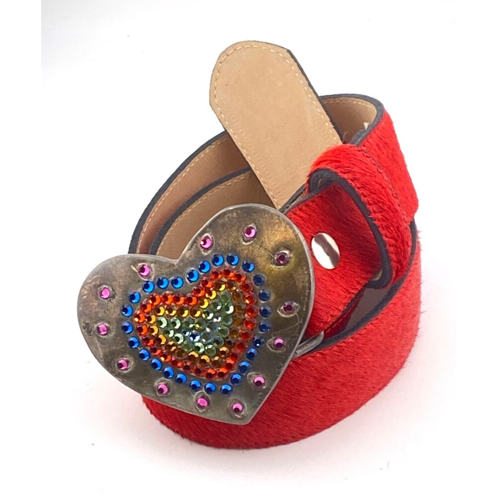 LEATHEROCK Western Belt 32 Rhinestone Heart Buckle Cowgirl Leather USA Red Fur